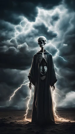 A skeletal figure in robe stands against a background of dark clouds, there are electric discharges around the figure, epic portrait style