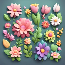 Mother's Day different varieties of flowers and leaves. 3D vector cartoon asset, mobile game cartoon stylized, clean and detailed.
