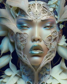 complex 3d render ultra detailed of a beautiful porcelain profile kim kardashians face , biomechanical cyborg, analog, 150 mm lens, beautiful natural soft rim light, big leaves and stems, roots, fine foliage lace, colorful details, massai warrior, Alexander Mcqueen high fashion haute couture, pearl earring, art nouveau fashion embroidered, steampunk, intricate details, mesh wire, mandelbrot fractal, anatomical, facial muscles, cable wires, microchip, elegant, hyper realistic, ultra detailed, oct