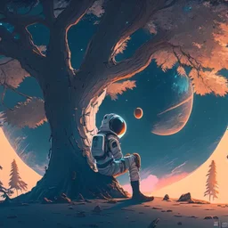 A lonely astronaut sits under the shade of an old tree on the edge of a planet. He looks at a beautiful galaxy. And he is thinking while waiting for his love.4k, high resolution. full detail. digital art, anime, cartoon