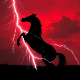 full silhouette of a horse rearing up(outlined by lighting), plus red sky with lightning and electricity traveling through background