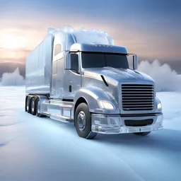 ICE sculpture representing a finely chiseled Semi truck in winter landscape, hyperdetailed dynamic lighting intricately detailed morning sunlight shiny bright sparkling sparkling beautiful winter landscape background, ice sculpture, expansive, grand, impossible magnificence, 3d octane render, opulent detail, rule of thirds