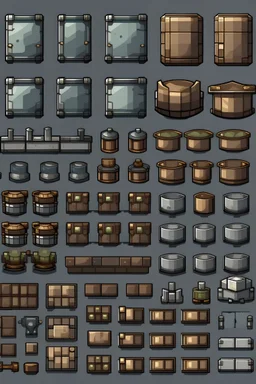 Sprite sheet, Metal scrap item, Metal ingot, Sheet metal, copper scrap, copper ingots, sheet metal copper, survival gear and weapons, icons, post apocalypse survival game, gray background, 32 pixel by 32 pixel art, items to be picked up