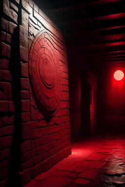 A ancient wall engraved in the seals of Solomon,lit by red light, ominous moon in background,high details, cinematic lighting,in the style of Dishonored