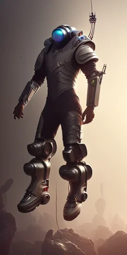 Sculpted 3d ==== a full body portrait, cyberpunk warrior, wearing boots and a helmet, jumping through the air in the syle of Carlos Ortega Elizalde, Ahmad Merheb