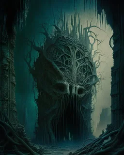 A captivating vision of a post-apocalyptic world, where nature has reclaimed the remnants of human civilization and new lifeforms have emerged, in the style of dark fantasy art, intricate details, moody lighting, and thought-provoking compositions, influenced by the works of H.R. Giger and Zdzisław Beksiński, reflecting on the impermanence of humanity and the resilience of nature.