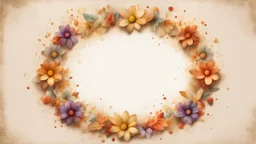 Hyper Realistic Rule-of-3rd-view of Beige small-multicolor-Floral-Circular-Frame With Glowing Golden Embers On Off-White Grunge Background.