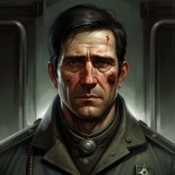 The submarine medic Sylas Steinhardt, a well groomed dark haired man with scars on his face realistic grimdark setting,