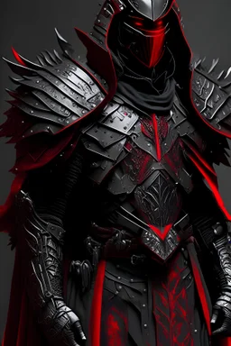 a man modern in military science fiction armor, the armor must be made of spiritual fabric, black and red. a fabric similar to that worn by men of the witch church of the past.
