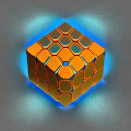 a blue metallic 4d cube inside a 4d orange rotating cube in a 4 dimension environment