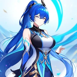 Clear focus, 8k, beautiful lighting, vibrant colors, girl, blue hair, long hair, white eyes, ponytail, honkai impact outfit,