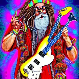 hippie Santa playing electric guitar psychedelic peace sign, MUSHROOMS, TRIPPY, ACID, LSD, dreadlocks