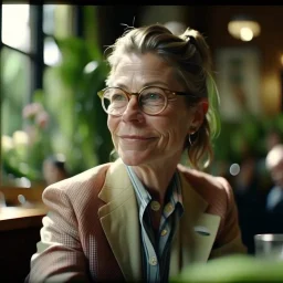 medium-full shot of a Monday lover with deep wrinkles and a warm smile and eyeglasses, sitting in a charming cafe with plants in the background, looking at the window, wearing a pastel linen blazer with a floral print, natural afternoon light shining through the windows, shot on Agfa Vista 200, side-angle view, 4k, --stylize 1000