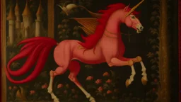 A dark pink winged unicorn medieval tapestry painted by Giovanni Battista Sassi