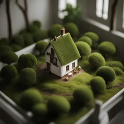 a tree, miniature, a house on the tree, shot from above, realistic, between leaves, cinematic, heavy light, cute, 3d, white walls, sunny, dev on leaves