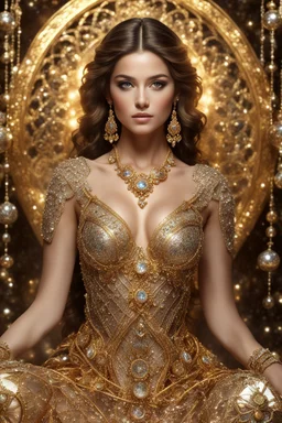 Fullbody photography ultra realistic natural beauty of young woman, beautiful, shiny hard eyes, make up, shiny baubles, ornate, large gemstones, shiny molten golden metalics, shiny wire filigree, luxury jewelry diamonds background,brown hair, high definition, high res,establishing shot