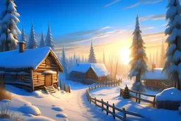 photorealism, blue sky, dawn, snowball, sun rays, beautiful sunny morning, very beautiful Russian village, beautiful wooden logs, various carved beautiful houses of different colors, fluffy trees, long snow-covered path, fluffy snow, yellow-blue shadows, people, professional photography, pastel colors, high resolution, high detail, ISO 100, realistic, beautiful, aesthetic, soft lighting, dim lighting, bright lighting, Catherine Welzstai, Tim Burton