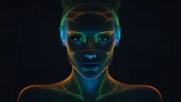 Holographic Virtual Reality Face Beauty, Double Exposure, Clear Lines, Blue, Green, Gold, Orange, 64K, High Definition,