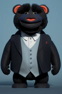 Waist up muppet Portrait, Kim Jong-un as muppet doll, black suit, photo studio, blue background, unreal engine 5, concept art, art station, god lights, ray tracing, RTX, lumen lighting, ultra detail, volumetric lighting, 3d.