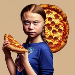 portrait of Greta Thunberg holding an empty pizza box