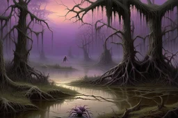 A purple haunted swamp with ghostly spiders painted by Caspar David Friedrich