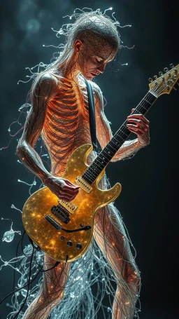 A guitar player jamming , made of tangled, glowing threads and sharp, beautiful shards of glass, vulnerable and strong, surreal anatomy, emotional