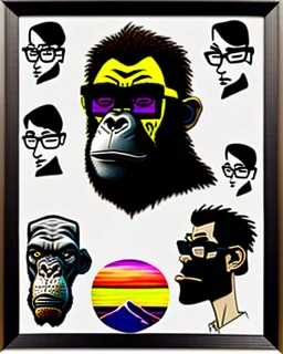 A collage-style image featuring a blend of artistic illustrations and designs. The top section displays framed artworks, including a sunset over a mountainous landscape and portraits of individuals with distinct styles, one wearing glasses. The middle section contains various sketches and symbols, while the bottom left shows a comic-style drawing of a gorilla's expressive face. The bottom right features a young woman with a unique hairstyle and accessories, sitting amid a green, plant-filled env