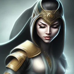 jade, mortal kombat, face, smile, dark skin color, dark ninja mask, black hair, brown eyes closed, woman