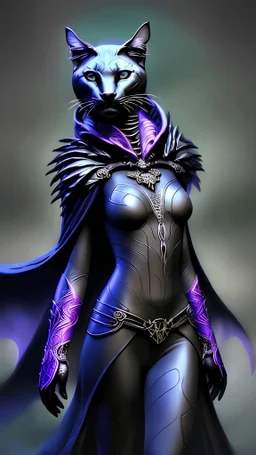 Detailed d&d character portrait, volumetric lighting, background is nighttime forest scene with mist and the moon is visible in the background, black jaguar female tabaxi humanoid, eyes glowing with mystical energy, dark fantasy, detailed, realistic face, digital portrait, intricate cloak black trimmed with silver and purple, dark, fiverr dnd character, 8k, wlop, stanley artgerm lau, ilya kuvshinov, artstation, HD, octane render, hyperrealism