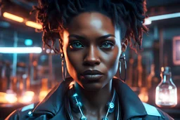 Looking into the camera, Close-up of a strong and arrogant black female doctor in her laboratory, hyperrealistic 16k, 3d rendering, expressively detailed, dynamic light, Cyberpunk, steampunk, neon lighting
