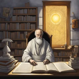 a stooped medieval genius in his study, sun rays, mist forming phantoms, by artist "Ingrid Umber",by artist "Sienna Lamberts"