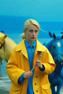 In the music video, a 23-year-old woman with blonde hair and bright blue eyes stands in the sea, se has a bun. dressed in a yellow fisherman's jacket ag. She holds an umbrella, but it offers no protection from the pouring rain. Around her, heavy horses are moving. The rain is pouring heavily. She is standing in the middle of the sea. You can see here completely. Horses only the girl and horses, i wanna see the horses dancing around her.. NOT SEXY!! middle of the sea, green pants, bolder, green