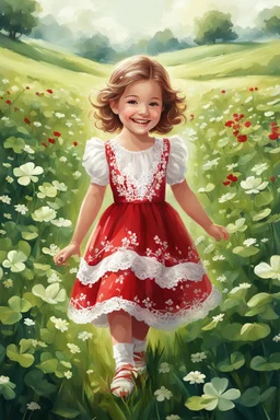 Adorable digital painting of a cute little girl in a gorgeous red and white dress smiling in a field surrounded by clover, high quality