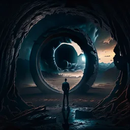 Amidst a surreal and dark-mood landscape, a lone man leans against an oversized keyhole, one of his eyes transformed into a keyhole, while a human eye peers out from within it. The scene is unsettling and bizarre, with an eerie ambiance that chills the soul. The dim, almost ethereal lighting casts deep shadows, accentuating the surreal and dark atmosphere. The composition plays with perspective and scale, amplifying the disconcerting effect. The photography style adds to the eerie nature of the