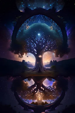 Cosmic Mirror Tree, A Spiritual Nexus Bridging Heaven, Earth, and the Universe, 4k, high resolution