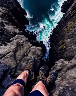 from the point of view of a rock climber, look down at the ocean rocks below as you climb high into the bluffs of ireland. holding on to the cliff face, the ocean below storms and swirls around a giant whirlpool