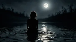 a sad woman sitting in the dark water with a full moon in the background, reflections on water, dark atmosphere, surreal, dramatic mood, water mists, in a shallow river, grieving. high detalied, intricate, swirly liquid ripples, an emo girl, dark deep colours, atmospheric, weird, crepy stunning