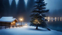 fir forrest scenery, heavy mist,,creek,forest,christmas lanterns,tree,,,night,snow,fir tree,high-quality photograph,photorealistic, shot on Hasselblad h6d-400c, zeiss prime lens, bokeh like f/0.8, tilt-shift lens 8k, high detail, smooth render, unreal engine 5, cinema 4d, HDR, dust effect, vivid colors,night