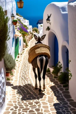 donkey walking on a path in Thira, Greece, baskets with vegetables on his back, cute face, perfect iris, cobblestone pavement, hyper realistic, detailed, accurate, beautifully ornamented houses, open aperture, style Isabel Kreitz