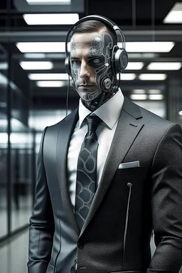 business suit, security headphone, in office, cyborg