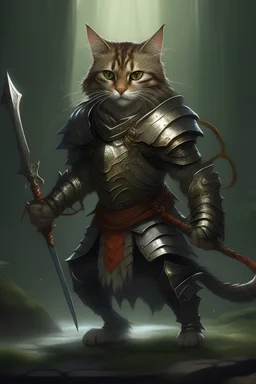 killer fantasy cat in light armor with fish bone daggers