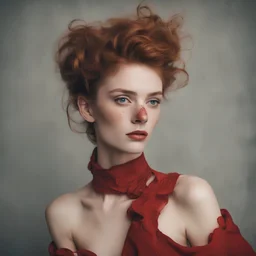 Top model Sara grace wallerstedt, freckles, in the style of egon Schiele, red nose, red dress