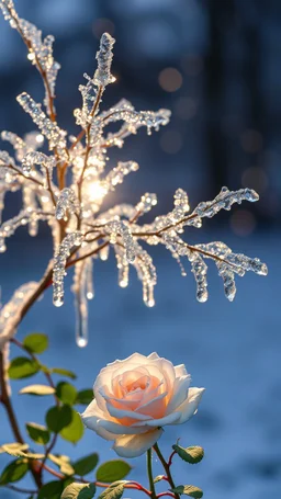 The ice tree shimmers in the light of the lights , a white rose