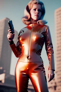 Ultra Realistic retro sci-fi portrait image from 1960, New York, spaceship, sweet young Jane Fonda, tight latex suit, weapon, fighting stance, soft color, highly detailed, unreal engine 5, ray tracing, RTX, lumen lighting, ultra detail, volumetric lighting, 3d, finely drawn, high definition, high resolution.