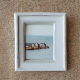 tiny oil painting of tiny seaside village, plain white background, solid white background, tiny white canvas, tiny white frame, melancholy, tender, moody, vintage, delicate arrangement, beautiful composition, etsy, aesthetic layout, plain solid white background