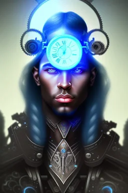 portrait of a dark skinned male dark elf with long white hair, haunting blue eyes, and wearing a steampunk exoskeleton powered by gears, in fantasy style