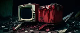 a creepy, broken television sitting in a pile of trash and covered in blood