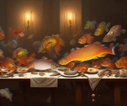 supper, fish sit at the table and eat pieces of people.