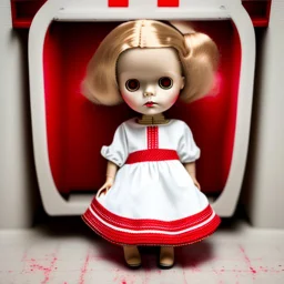 A girl's doll wearing a white dress with red blood bleeding from the back