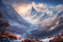 A valley through Himalayan winter mountains. a mountain 3 times higher that the rest at the end of the valley. a dragon. fantasy concept art, exquisite realism, a masterpiece, dynamic lighting, hyper detailed, intricately detailed, deep color, Unreal Engine, volumetric lighting , Epic cinematic brilliant stunning intricate meticulously detailed dramatic atmospheric maximal,